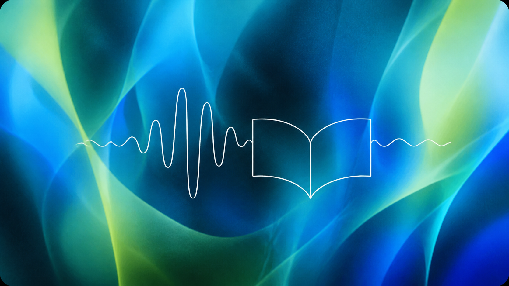 A white sound wave and open book over flowing blue and green abstract color