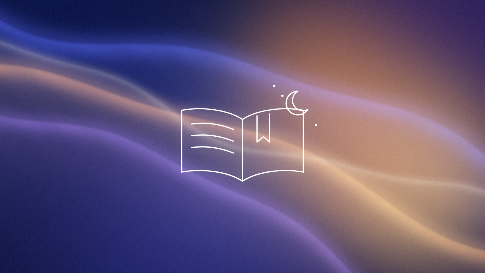 A white line open book with a bookmark ribbon and a crescent moon over flowing indigo and amber color