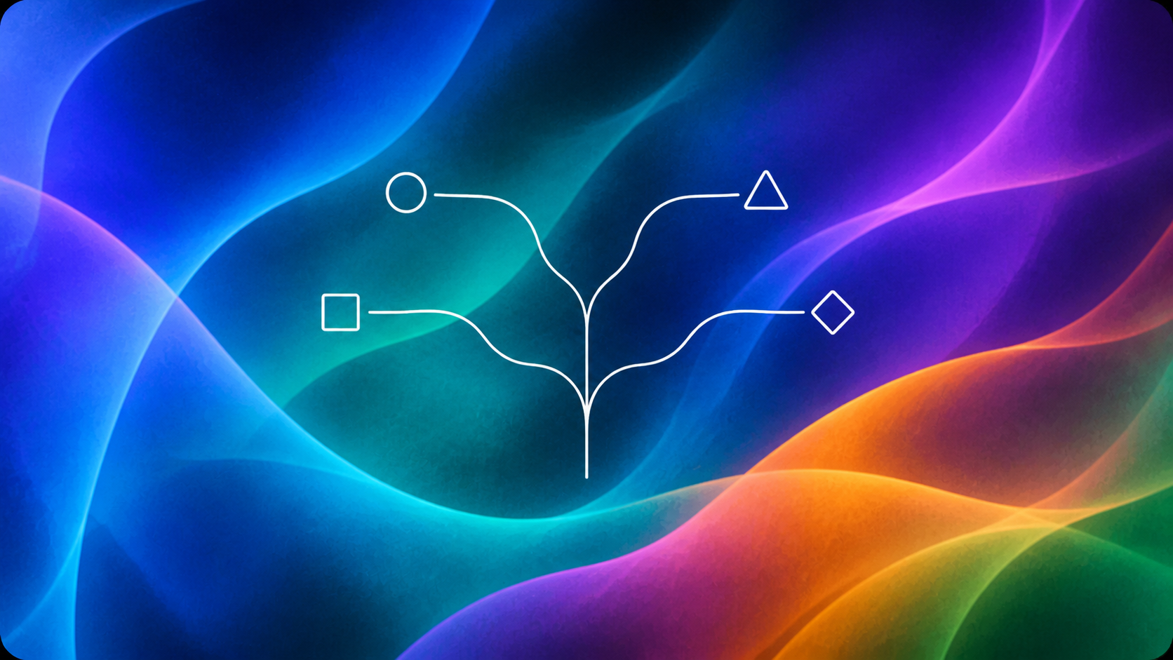 Four white branching research paths over flowing blue, violet, teal, and orange color